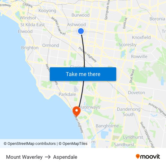 Mount Waverley to Aspendale map