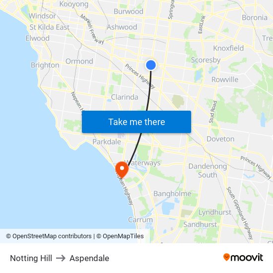 Notting Hill to Aspendale map