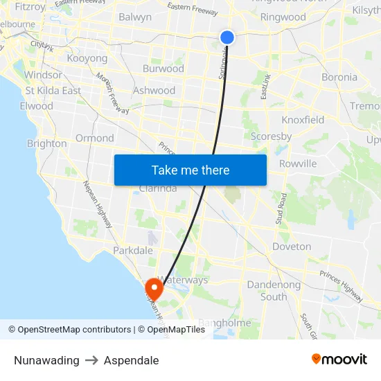 Nunawading to Aspendale map