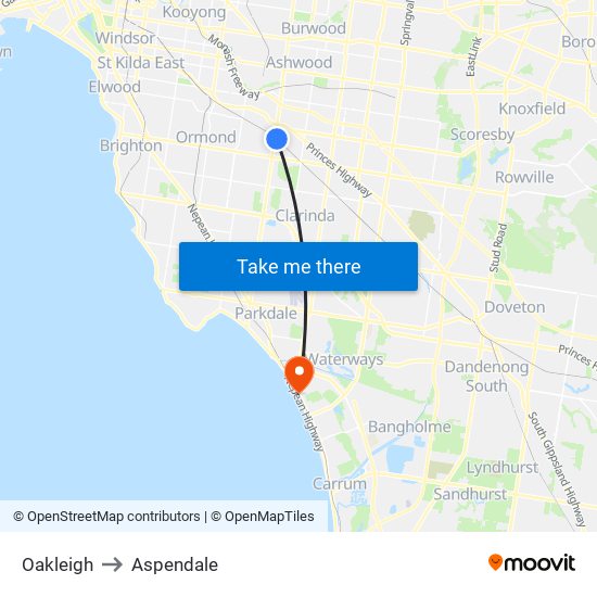 Oakleigh to Aspendale map
