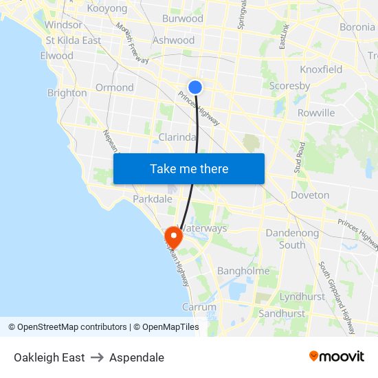 Oakleigh East to Aspendale map