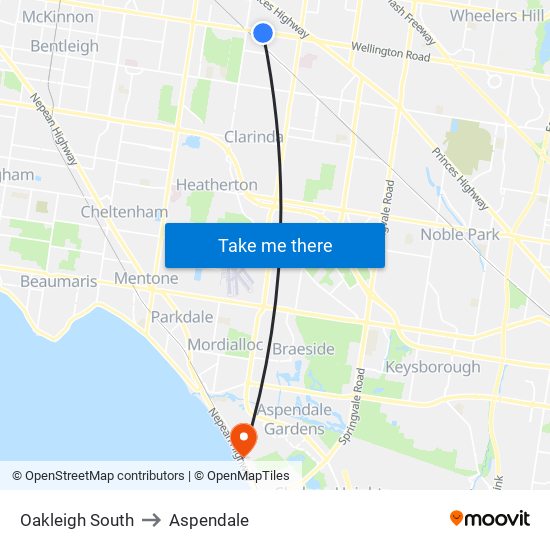 Oakleigh South to Aspendale map