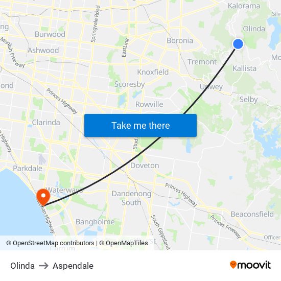 Olinda to Aspendale map