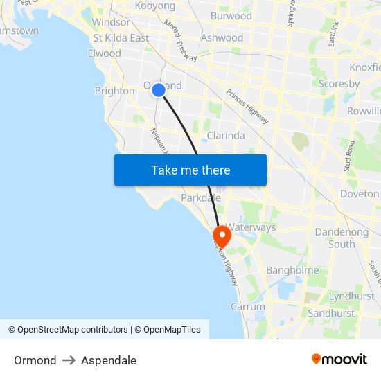 Ormond to Aspendale map