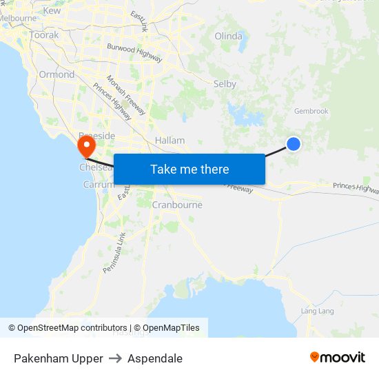 Pakenham Upper to Aspendale map