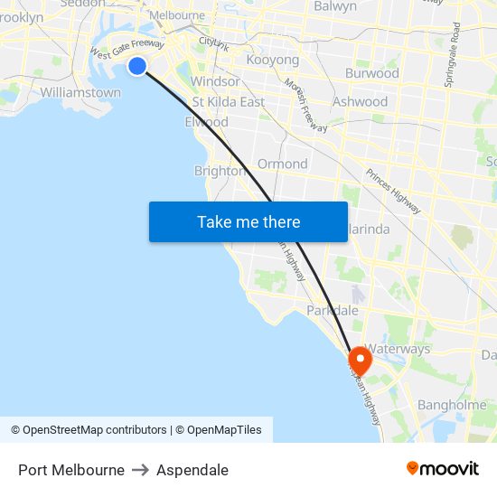 Port Melbourne to Aspendale map