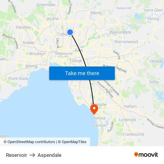 Reservoir to Aspendale map