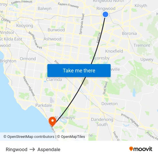 Ringwood to Aspendale map