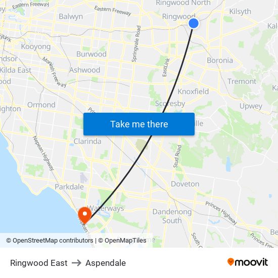 Ringwood East to Aspendale map