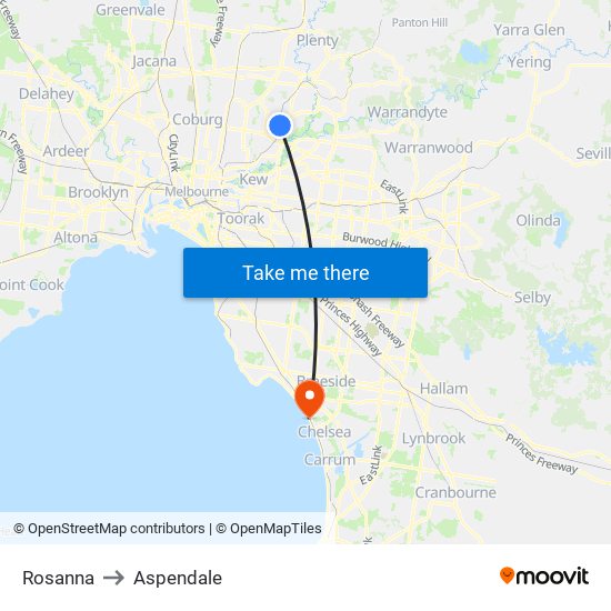 Rosanna to Aspendale map