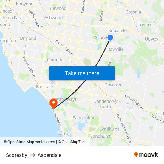 Scoresby to Aspendale map