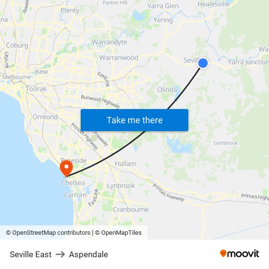 Seville East to Aspendale map