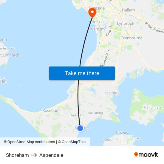 Shoreham to Aspendale map