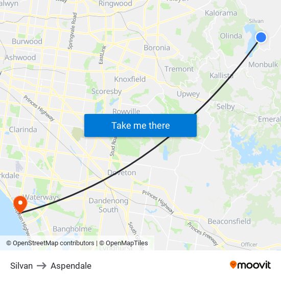 Silvan to Aspendale map