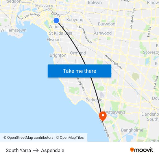 South Yarra to Aspendale map