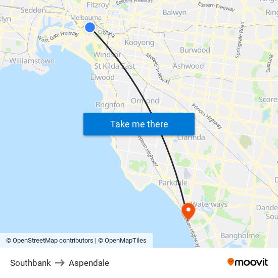 Southbank to Aspendale map