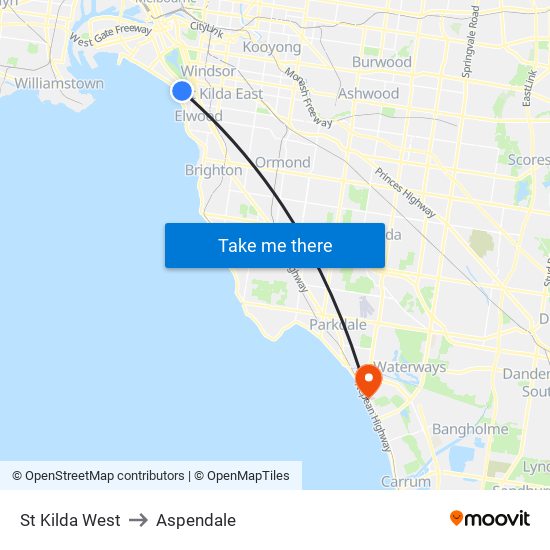 St Kilda West to Aspendale map