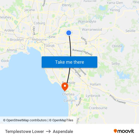 Templestowe Lower to Aspendale map