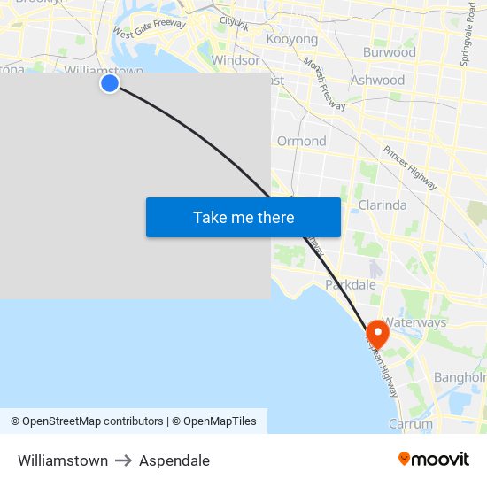 Williamstown to Aspendale map
