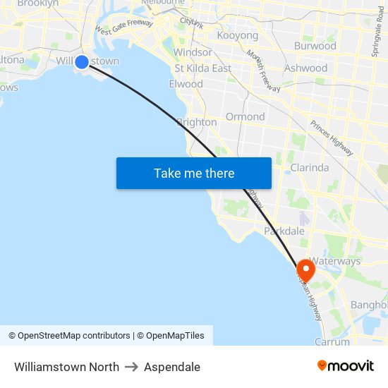 Williamstown North to Aspendale map