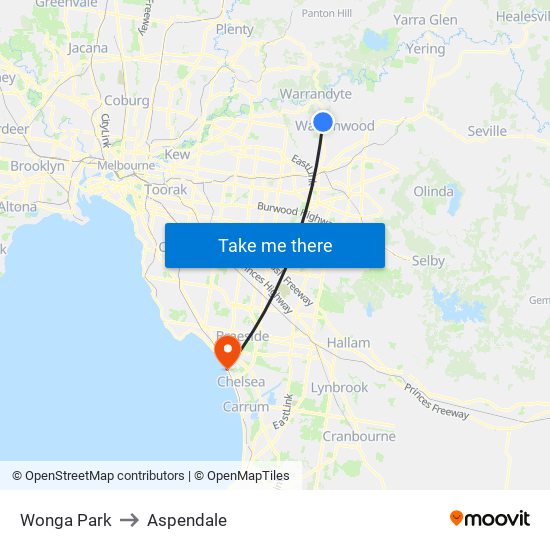 Wonga Park to Aspendale map