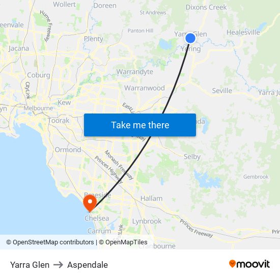 Yarra Glen to Aspendale map