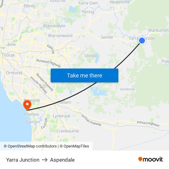 Yarra Junction to Aspendale map