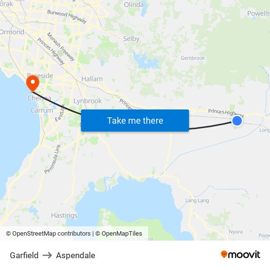 Garfield to Aspendale map