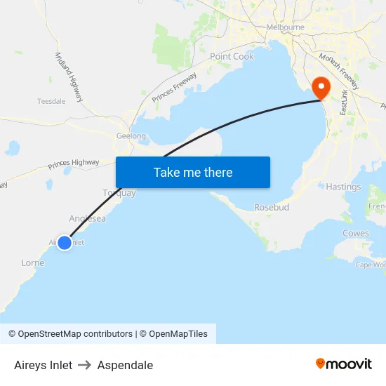Aireys Inlet to Aspendale map