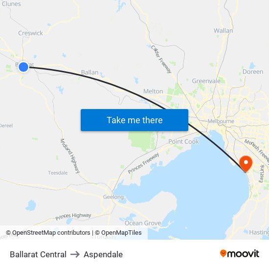 Ballarat Central to Aspendale map