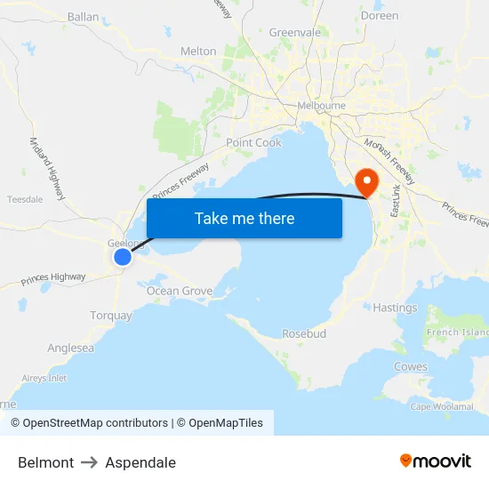 Belmont to Aspendale map