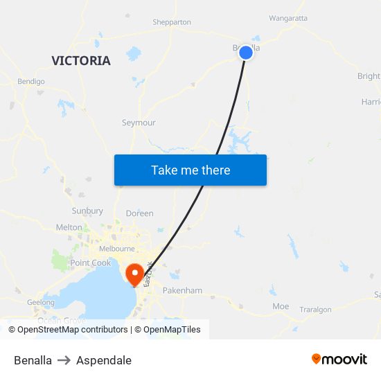 Benalla to Aspendale map