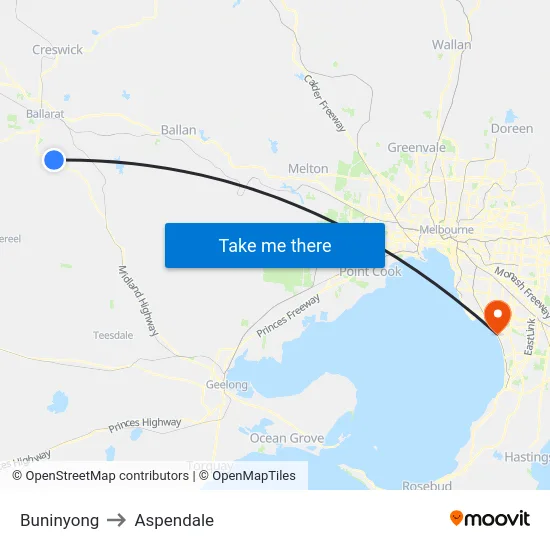 Buninyong to Aspendale map