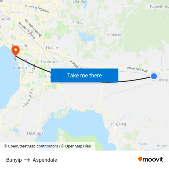 Bunyip to Aspendale map
