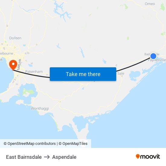 East Bairnsdale to Aspendale map