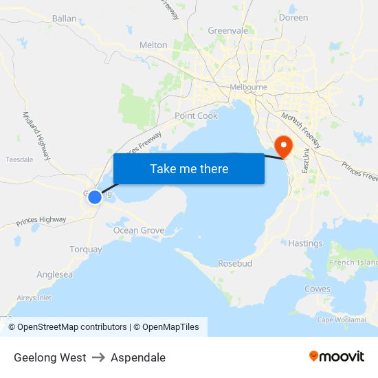 Geelong West to Aspendale map