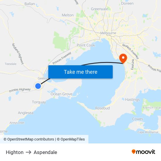 Highton to Aspendale map