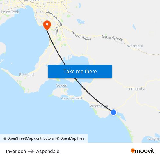 Inverloch to Aspendale map