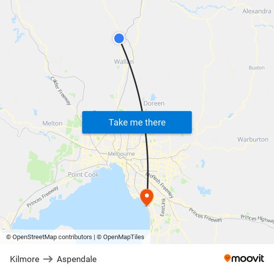 Kilmore to Aspendale map