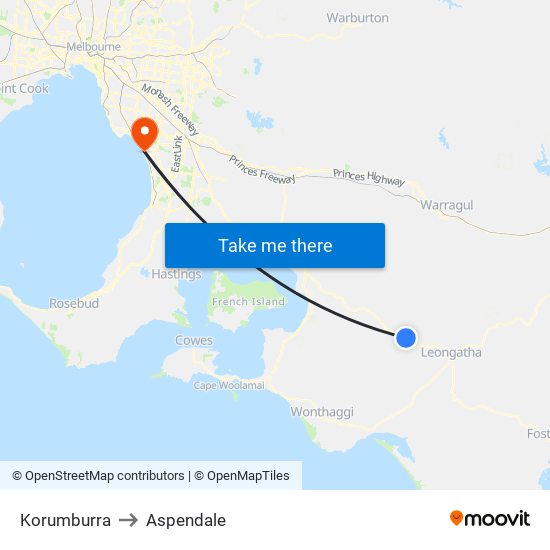 Korumburra to Aspendale map