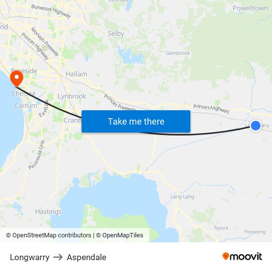 Longwarry to Aspendale map