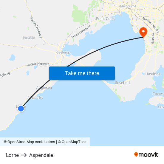 Lorne to Aspendale map