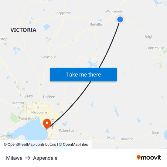 Milawa to Aspendale map