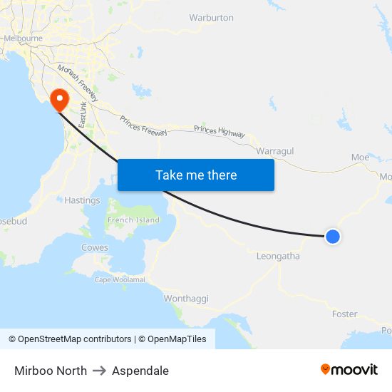 Mirboo North to Aspendale map