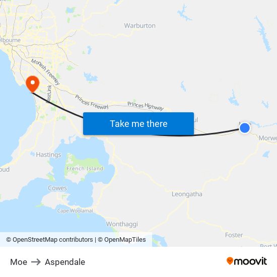 Moe to Aspendale map