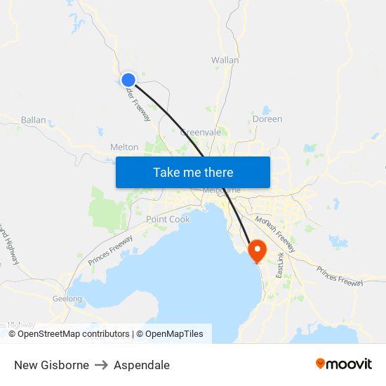 New Gisborne to Aspendale map