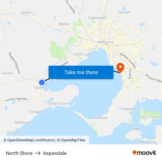 North Shore to Aspendale map