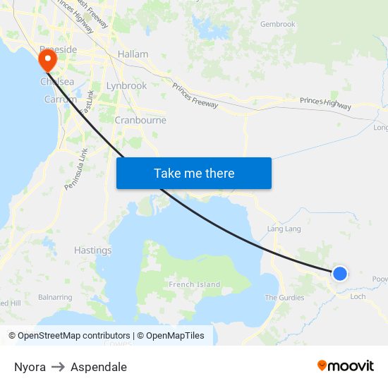 Nyora to Aspendale map