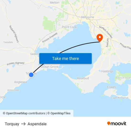 Torquay to Aspendale map