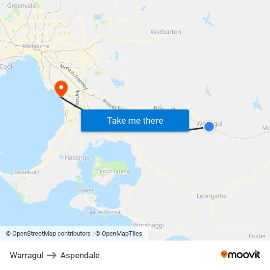 Warragul to Aspendale map